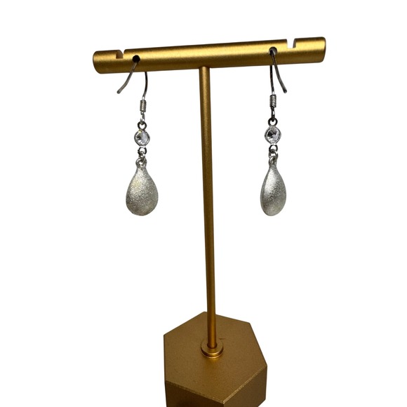 Silver Tone Frosted Textured Teardrop Dangle Earrings with Rhinestone Y2K Retro - Picture 3 of 5